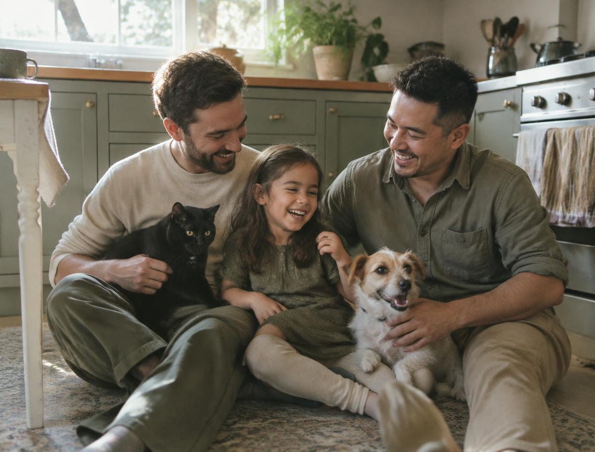 Dois pais e a filha sentados no chão da cozinha, rindo com um gato preto e um cachorro