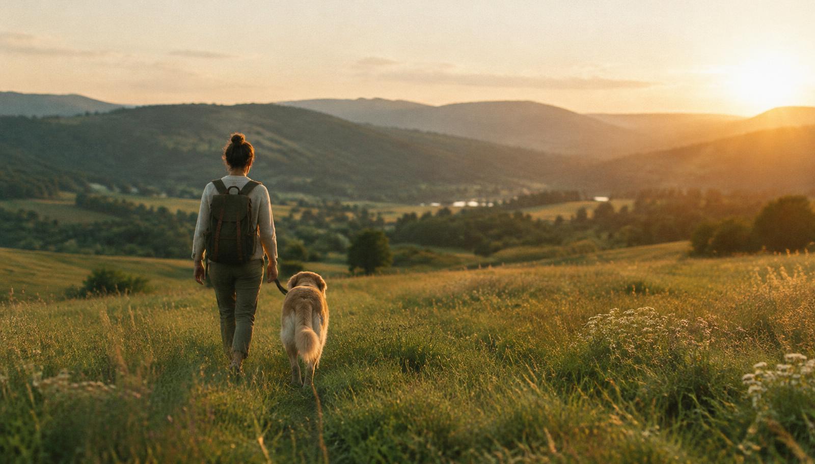 Pessoa caminhando com seu cão em um campo ao pôr do sol