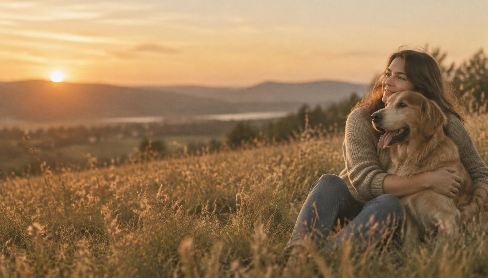Mulher sentada em um campo ao pôr do sol abraçando seu cão