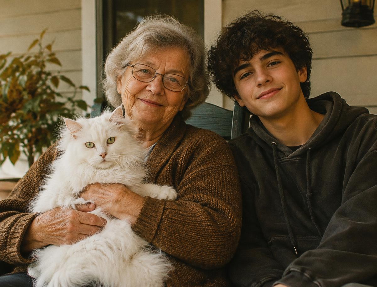 Avó com um gato branco no colo ao lado do neto adolescente na varanda
